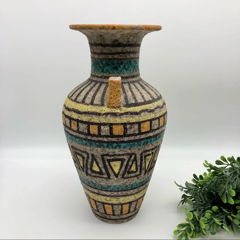 Vintage Italian Lava Glaze Geometric Print Ceramic Clay Pottery Vase MCM Italy - Picture 4 of 12